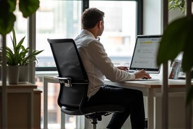 Retail customer in home office using Seri Ofis chair